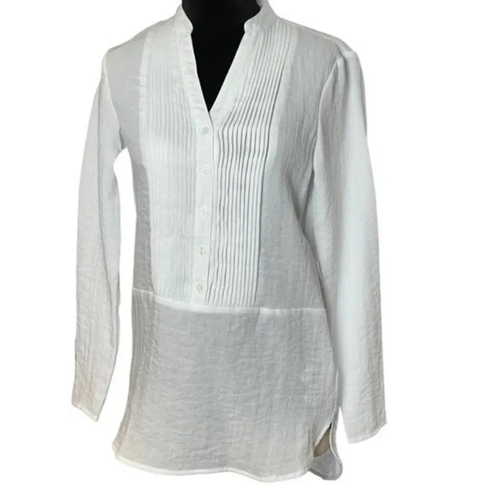 Michael Kors White Pleated Button Front Tuxedo Tunic, Resort, Beach, Summer XS